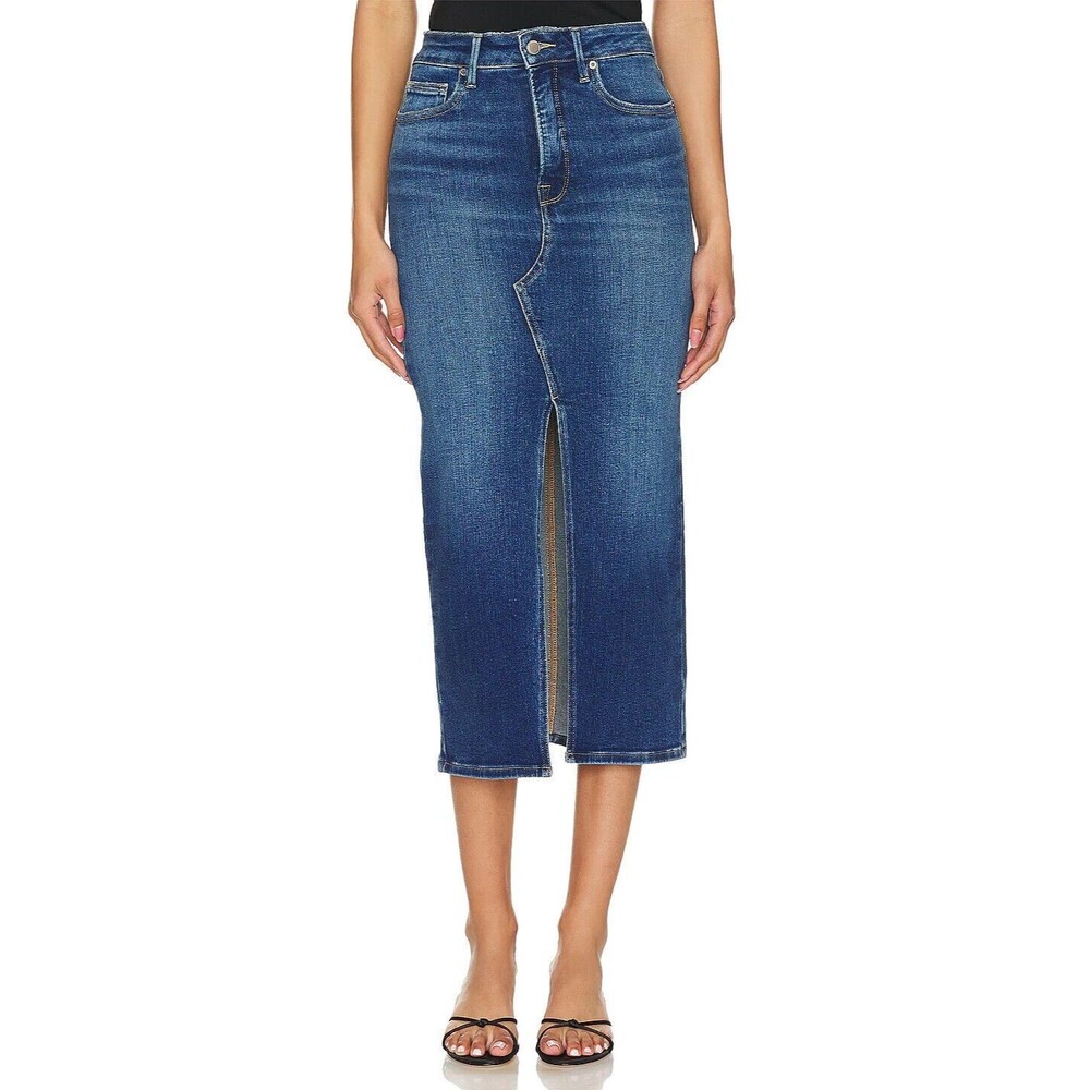 Good American Front Split Slit Blue Jean Midi Skirt Size 2 Revolve